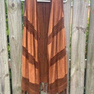 Brown Crochet Panel Vest with Open Front